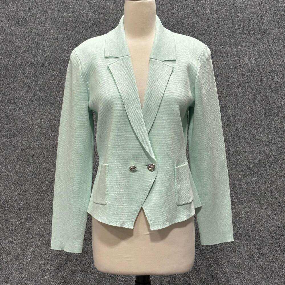 L'AGENCE Blazer Womens Large Pale Jade Knit Jacket Silver Buttons Tailored